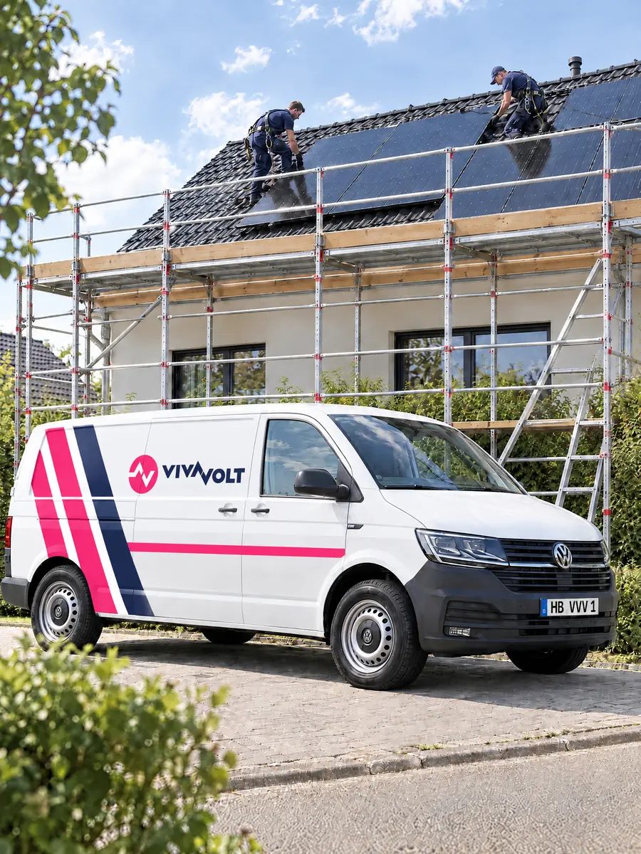 Monteure setzen Solarmodule auf ein Einfamilienhaus, davor der weiße Vivavolt-Bus