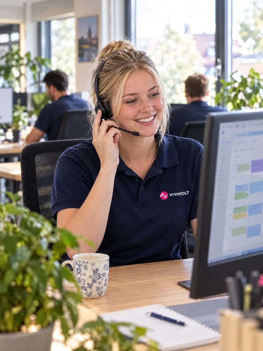 Mitarbeiterin im Vivavolt-Callcenter mit Headset am Telefon